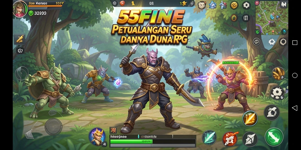 Tampilan gameplay <strong>55FIVE</strong> menampilkan karakter dalam pertempuran seru di dunia fantasi.