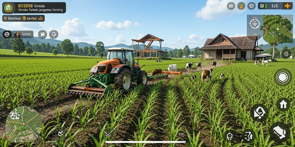 Screenshot gameplay BOS898 menunjukkan keseruan bertani dan merawat hewan.