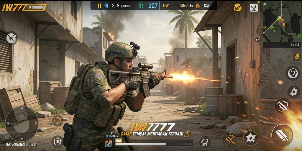 Screenshot utama IW777 menampilkan aksi tembak menembak yang seru.