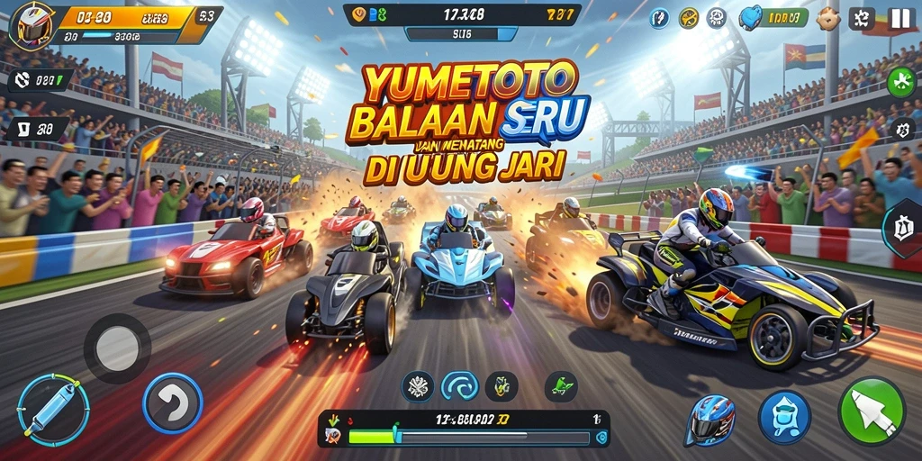 Tampilan gameplay YUMETOTO dengan aksi balapan yang cepat dan mendebarkan.